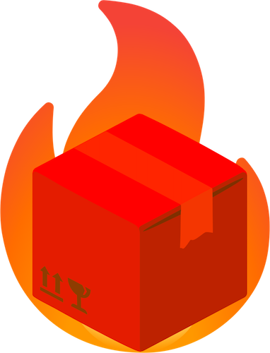 A package emoji, color-shifted to be bright red, in front of a fire emoji.