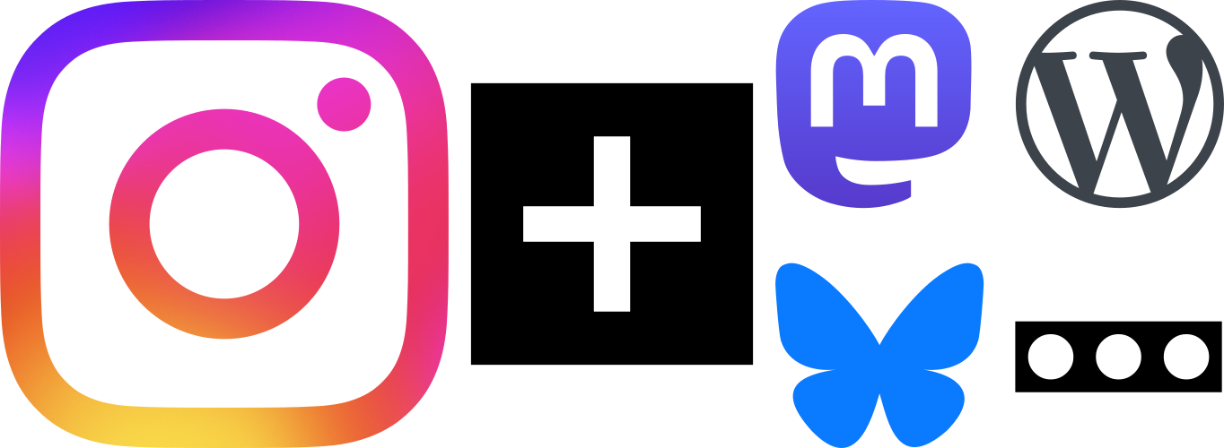 The Instagram logo, a plus sign, and a smattering of logos for Mastodon, Wordpress, and Bluesky, as well as an ellipsis.